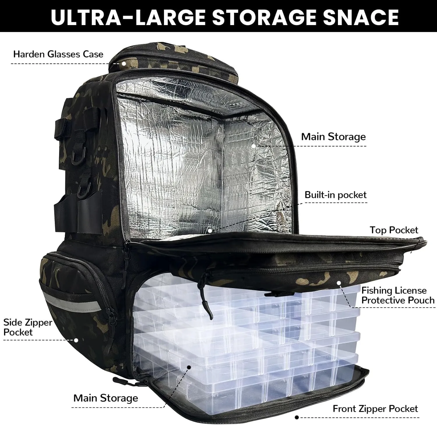 Fishing Tackle Backpack 58L Large Water-Resistant Fishing Tackle Bag with Rod Holders Internal insulation compartment Storage Bag Store Fishing Gear for Fishing Hiking Travel and Hunting