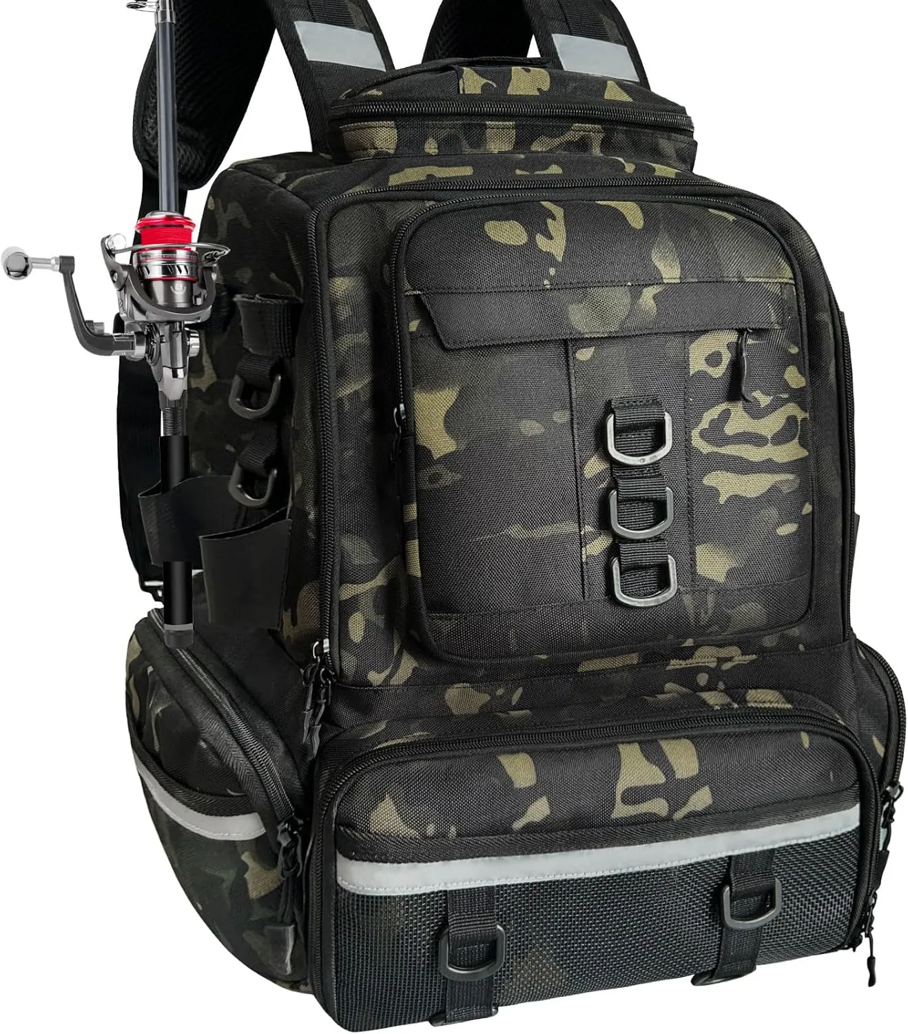 Fishing Tackle Backpack 58L Large Water-Resistant Fishing Tackle Bag with Rod Holders Internal insulation compartment Storage Bag Store Fishing Gear for Fishing Hiking Travel and Hunting