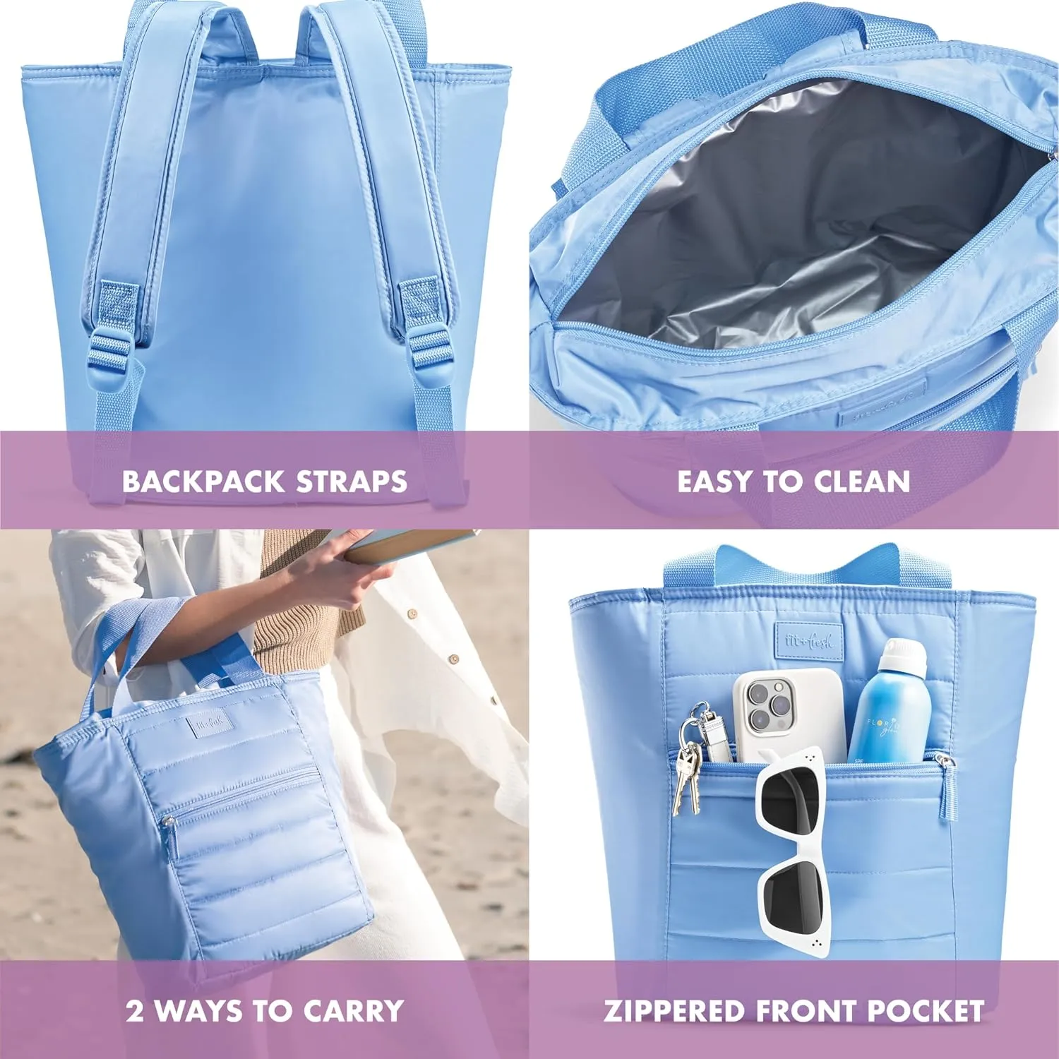 Fit & Fresh Insulated Cooler Bag, Leak Proof Waterproof Beach Cooler Backpack for Women, 18 Can Soft Insulated Tote for Travel & Lunch, Cornflower
