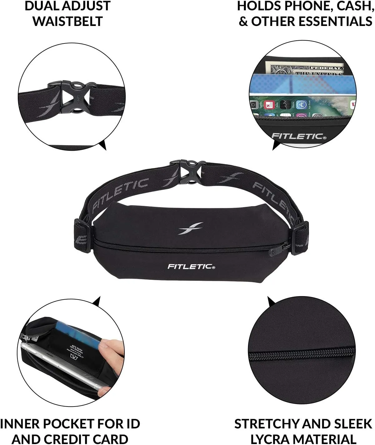 Fitletic Active Lifestyle Fanny Pack & Mini Sports Running Belt For Men & Women – Lightweight, Low Profile & Sleek Design – Ultra-Soft Expandable Lycra Pouch - Fits All Phones – Inner Organizer Pocket