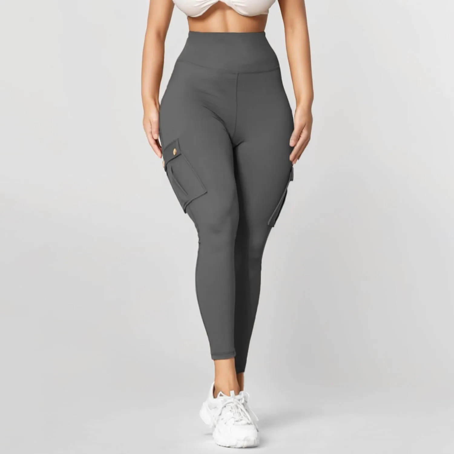 Fitness Exercise Skinny Yoga Cargo Pants for Women Multi Pockets Solid Color High Waisted Ankle Length Tights Leggings