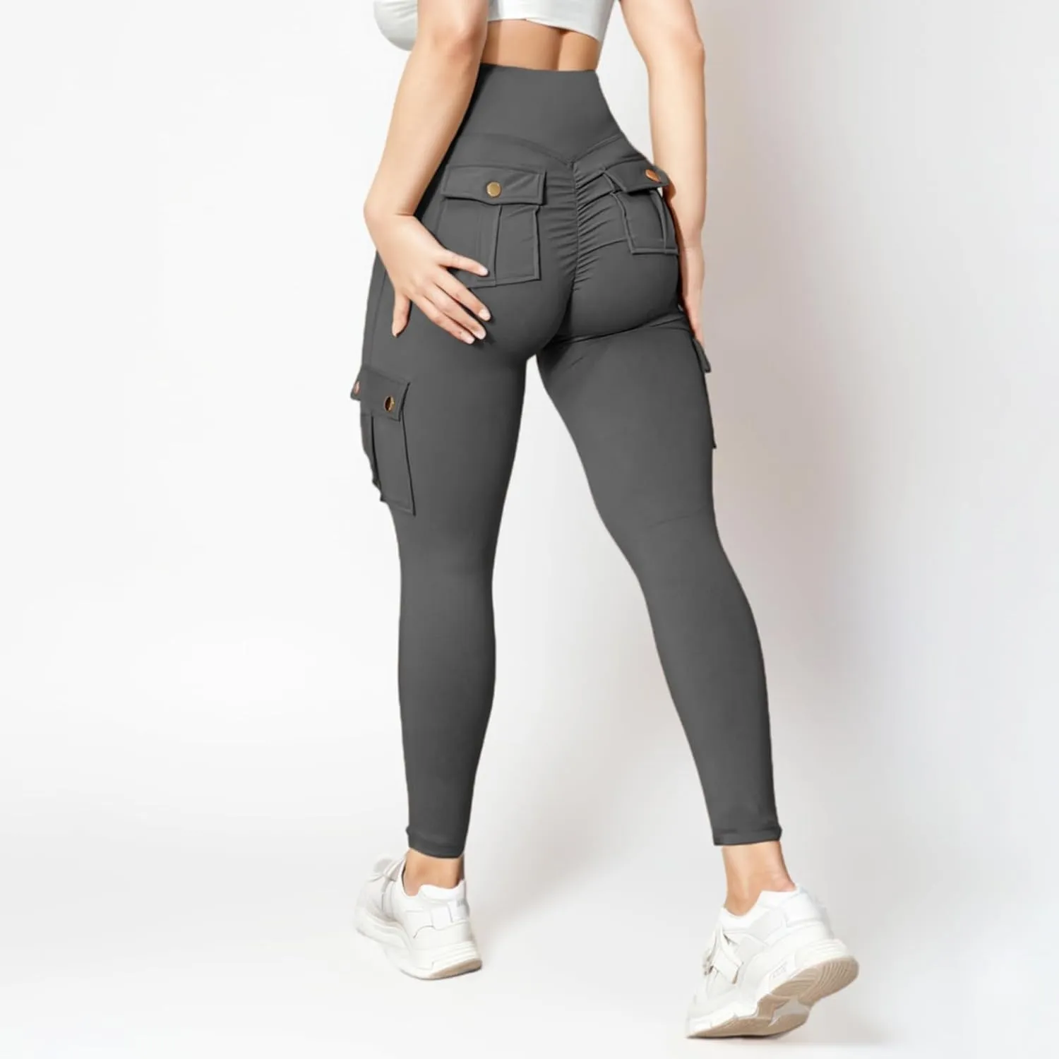 Fitness Exercise Skinny Yoga Cargo Pants for Women Multi Pockets Solid Color High Waisted Ankle Length Tights Leggings