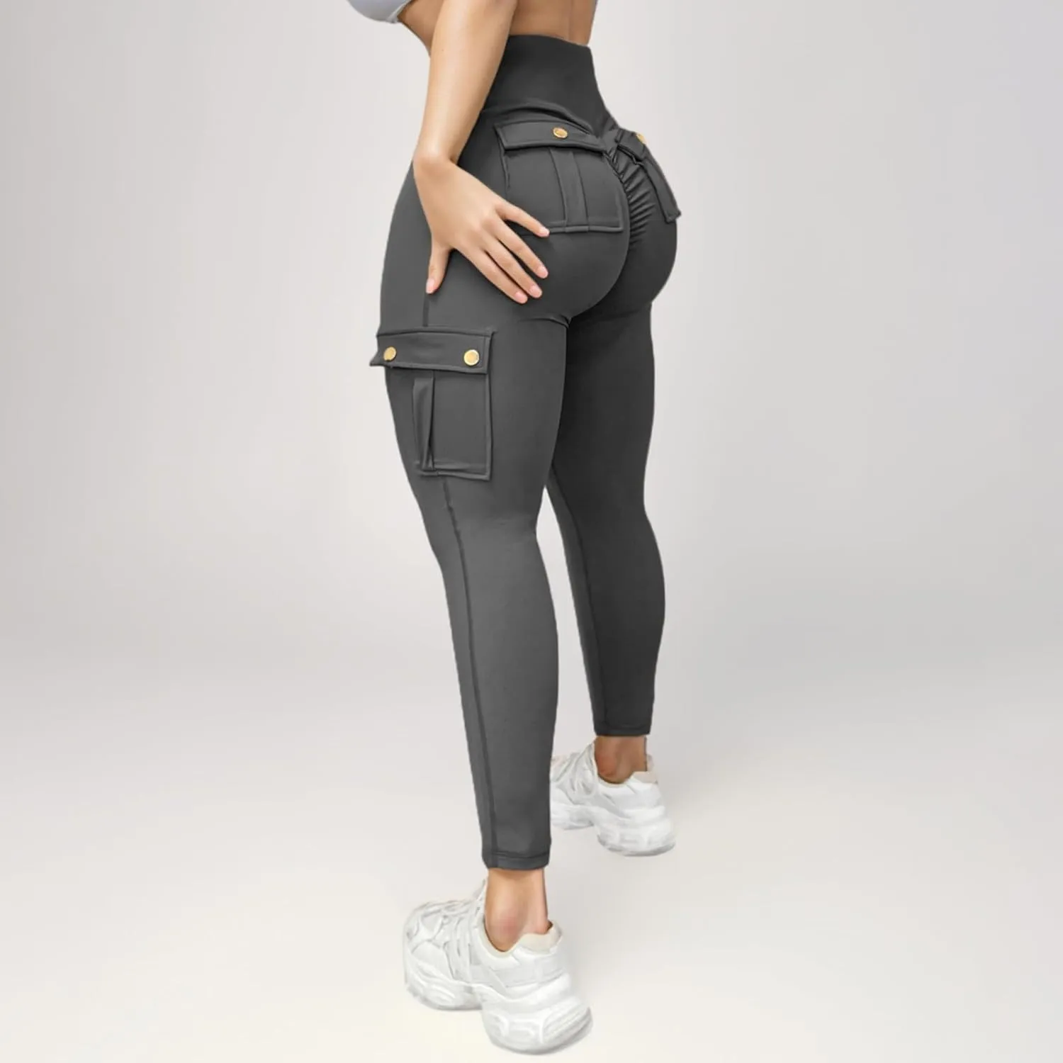 Fitness Exercise Skinny Yoga Cargo Pants for Women Multi Pockets Solid Color High Waisted Ankle Length Tights Leggings