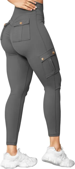 Fitness Exercise Skinny Yoga Cargo Pants for Women Multi Pockets Solid Color High Waisted Ankle Length Tights Leggings