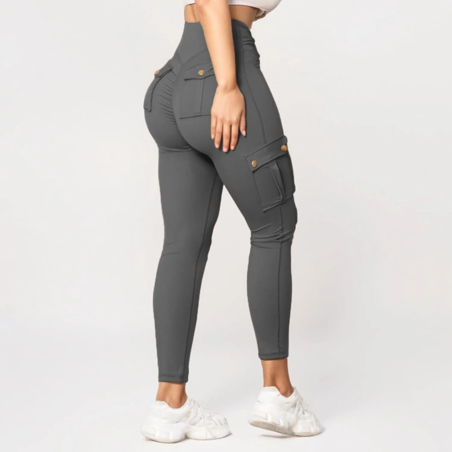 Fitness Exercise Skinny Yoga Cargo Pants for Women Multi Pockets Solid Color High Waisted Ankle Length Tights Leggings