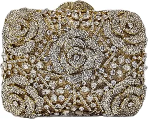 Five Rose Flowers Box Crystal Clutch Elegant Formal Wedding Bridal Evening Bags for Women Rhinestone Handbags Purse