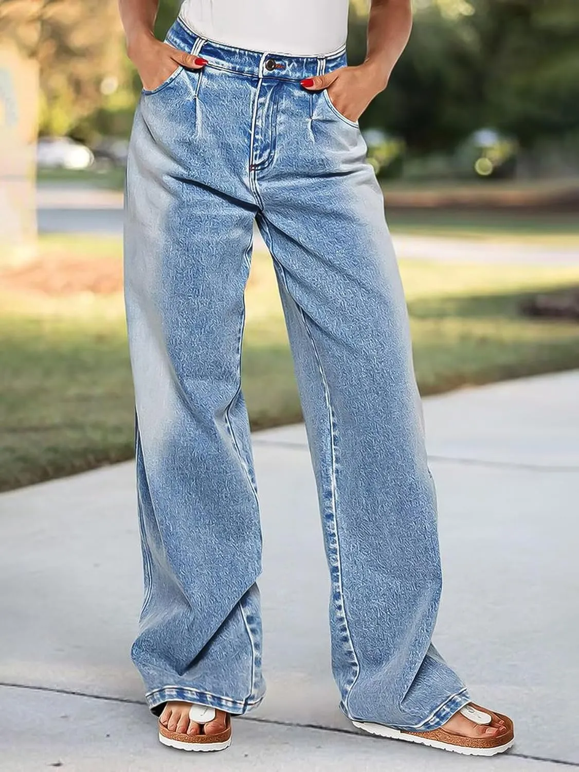 Flamingals Wide Leg Jeans for Women Mid Waist Baggy Stitch Decor Denim Washed Pants Without Belt