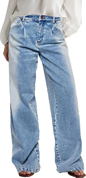 Flamingals Wide Leg Jeans for Women Mid Waist Baggy Stitch Decor Denim Washed Pants Without Belt