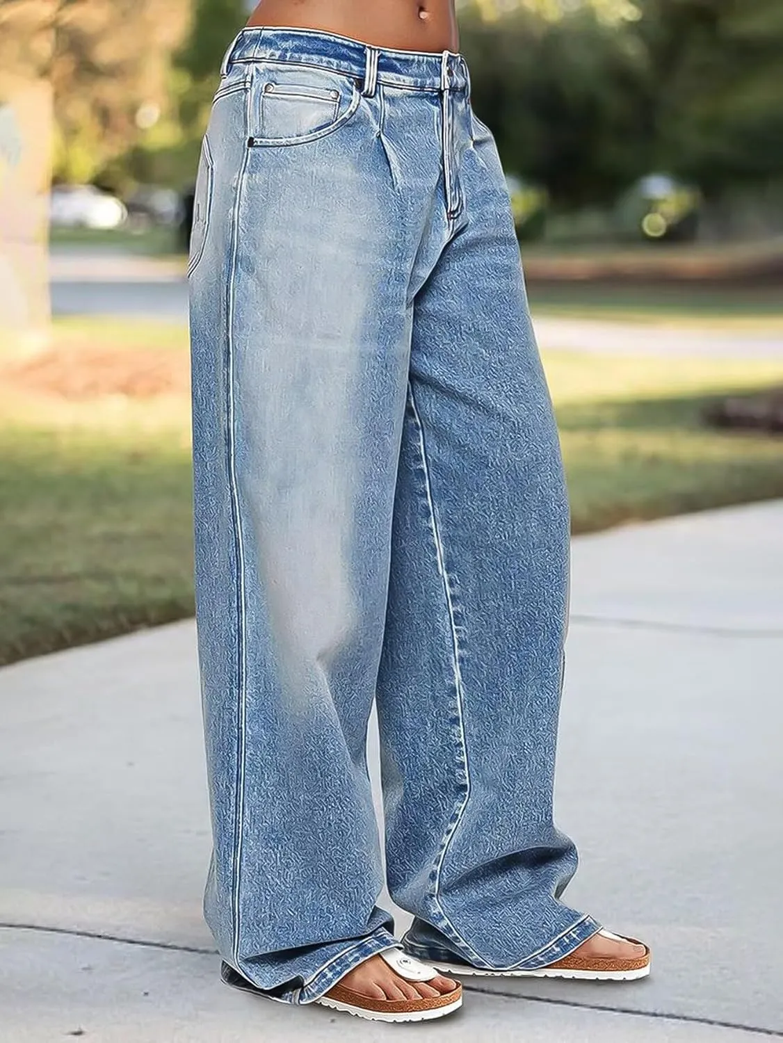 Flamingals Wide Leg Jeans for Women Mid Waist Baggy Stitch Decor Denim Washed Pants Without Belt