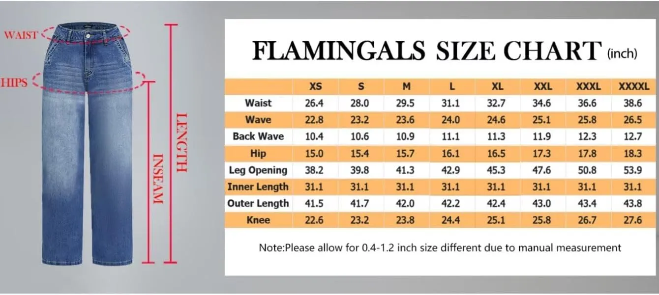 Flamingals Wide Leg Jeans for Women Mid Waist Baggy Stitch Decor Denim Washed Pants Without Belt