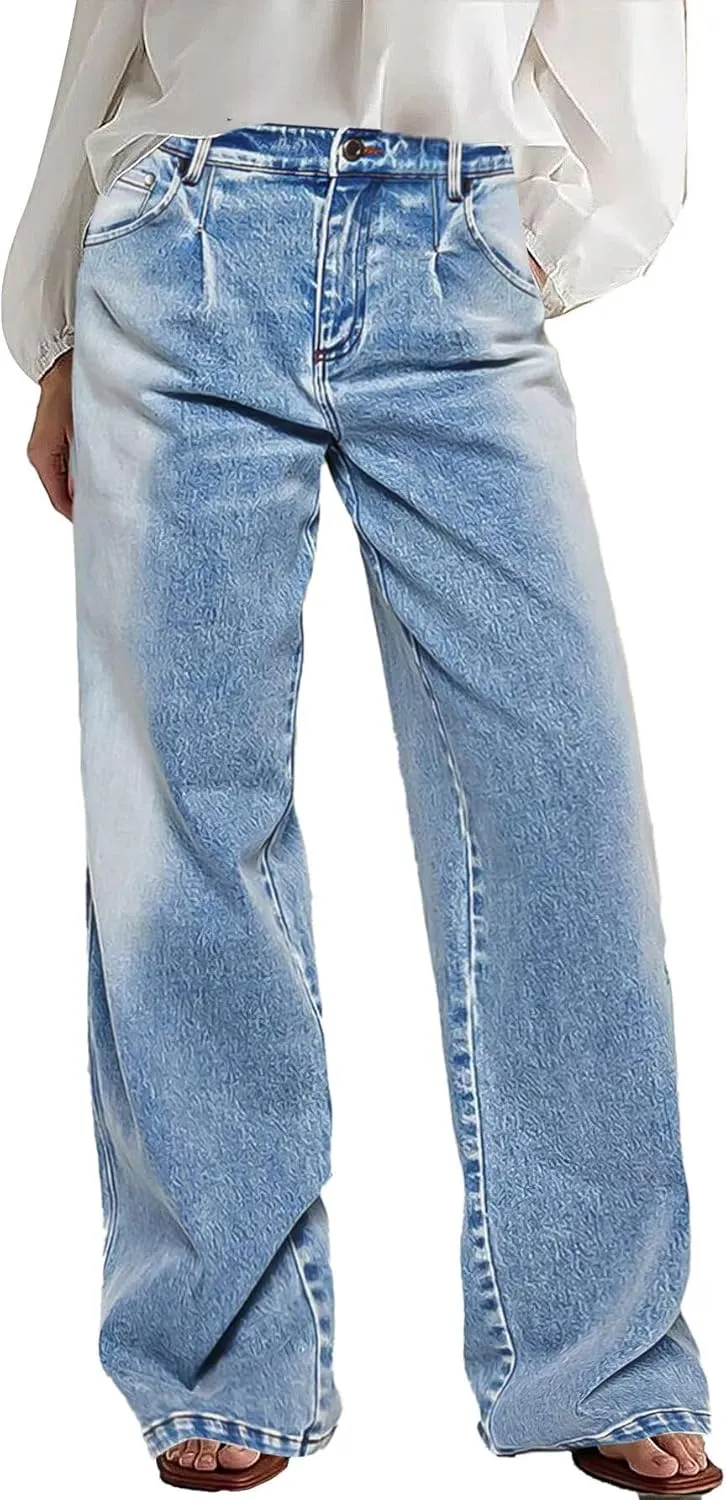 Flamingals Wide Leg Jeans for Women Mid Waist Baggy Stitch Decor Denim Washed Pants Without Belt