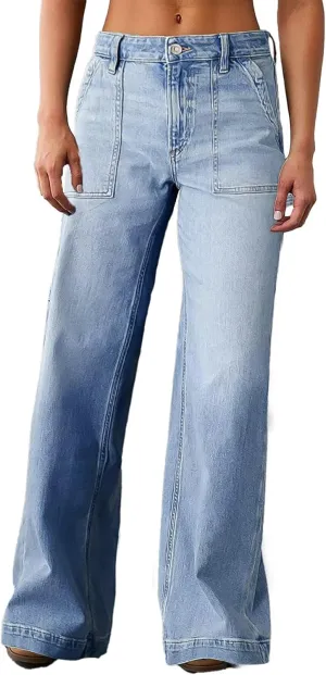 Flamingals Wide Straight Leg Mid Rise Baggy Pocket Denim Jeans Without Belt