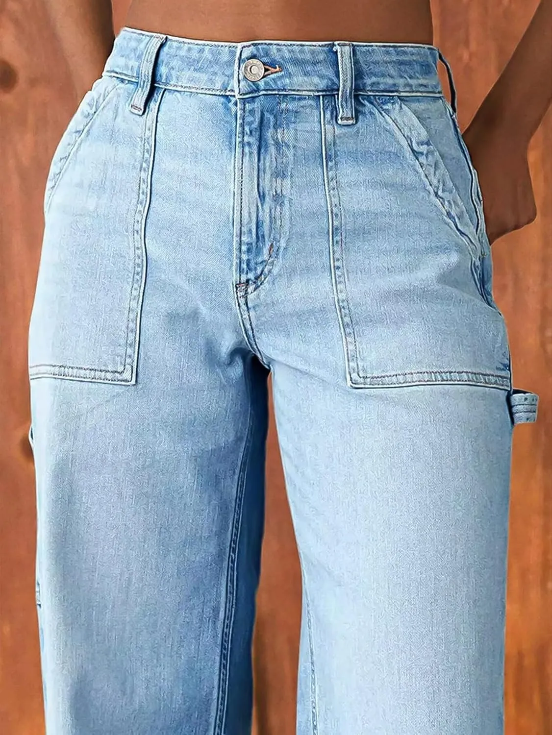 Flamingals Wide Straight Leg Mid Rise Baggy Pocket Denim Jeans Without Belt