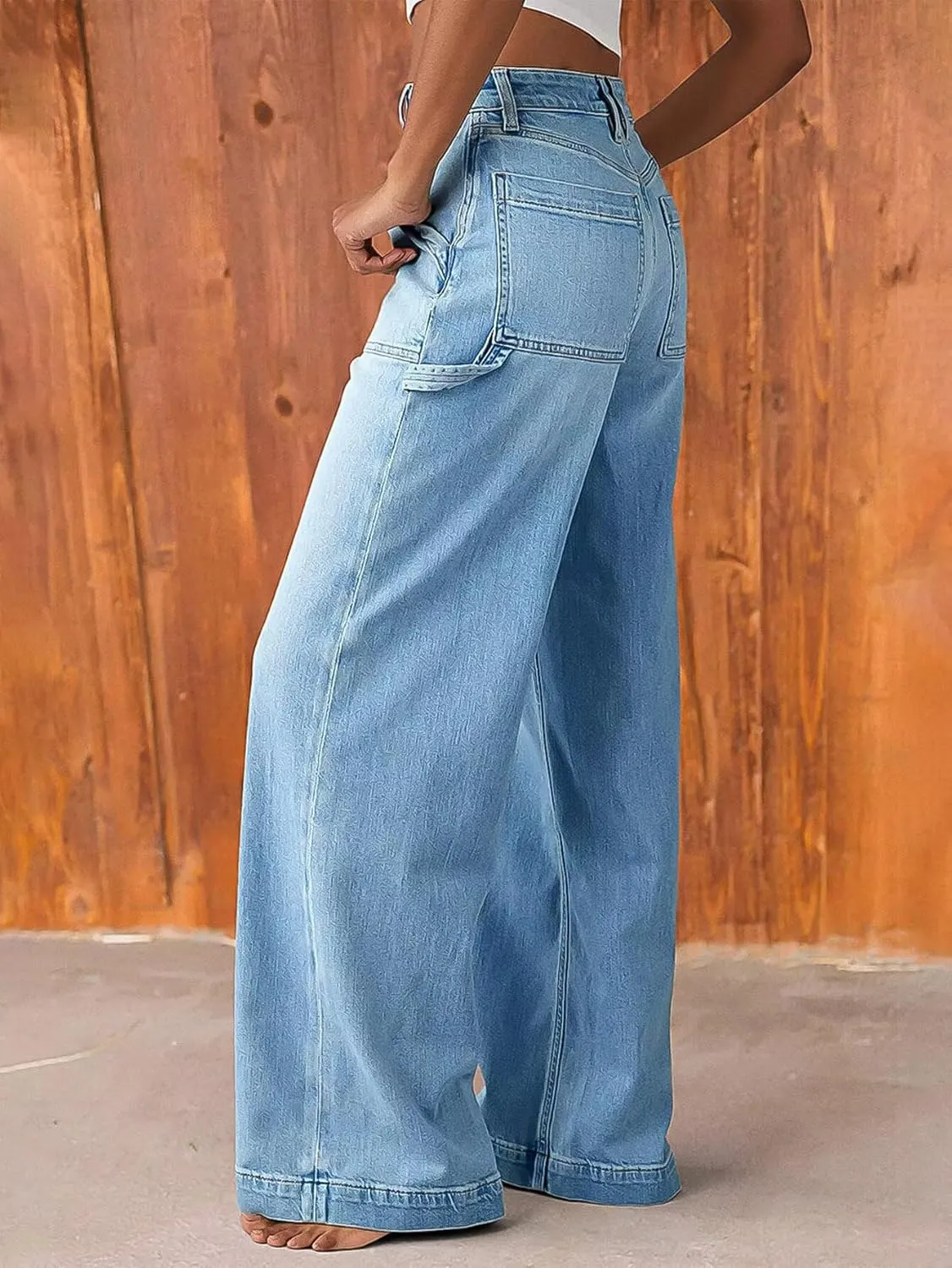 Flamingals Wide Straight Leg Mid Rise Baggy Pocket Denim Jeans Without Belt