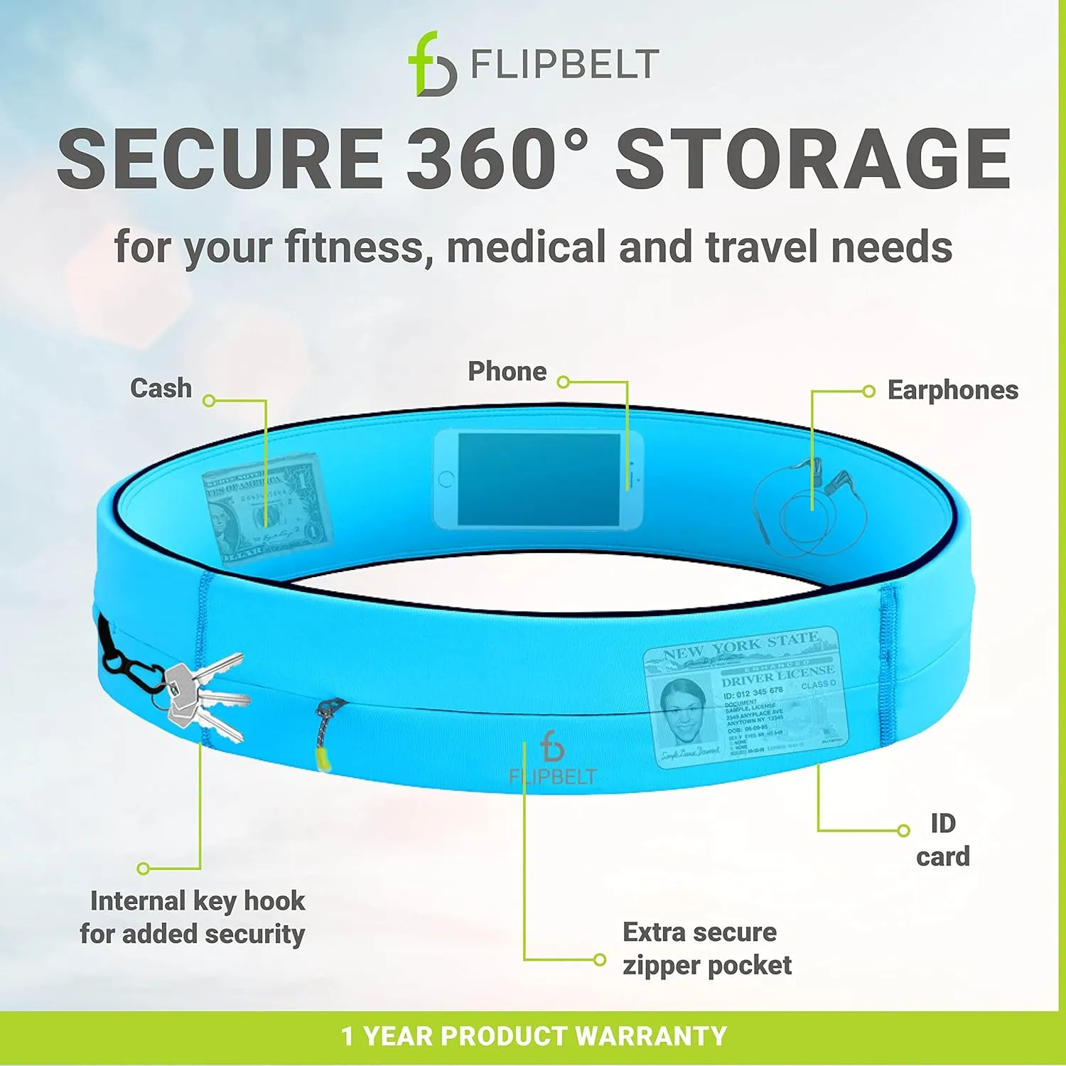 FlipBelt Zipper Running Belt, Waist Pack for Fitness and Running, US Company