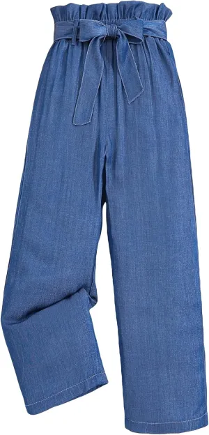 Floerns Girls Paperbag Waist Belted Wide Leg Elastic Waist Loose Fit Trousers