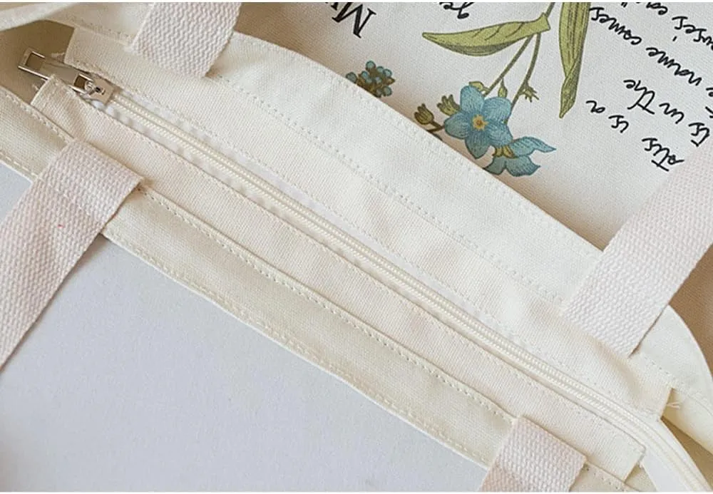 Floral Canvas Tote Bag Botanical Shopping Bag Aesthetic Flower Tote Bag Canvas Grocery Bag for Women Trendy Tote
