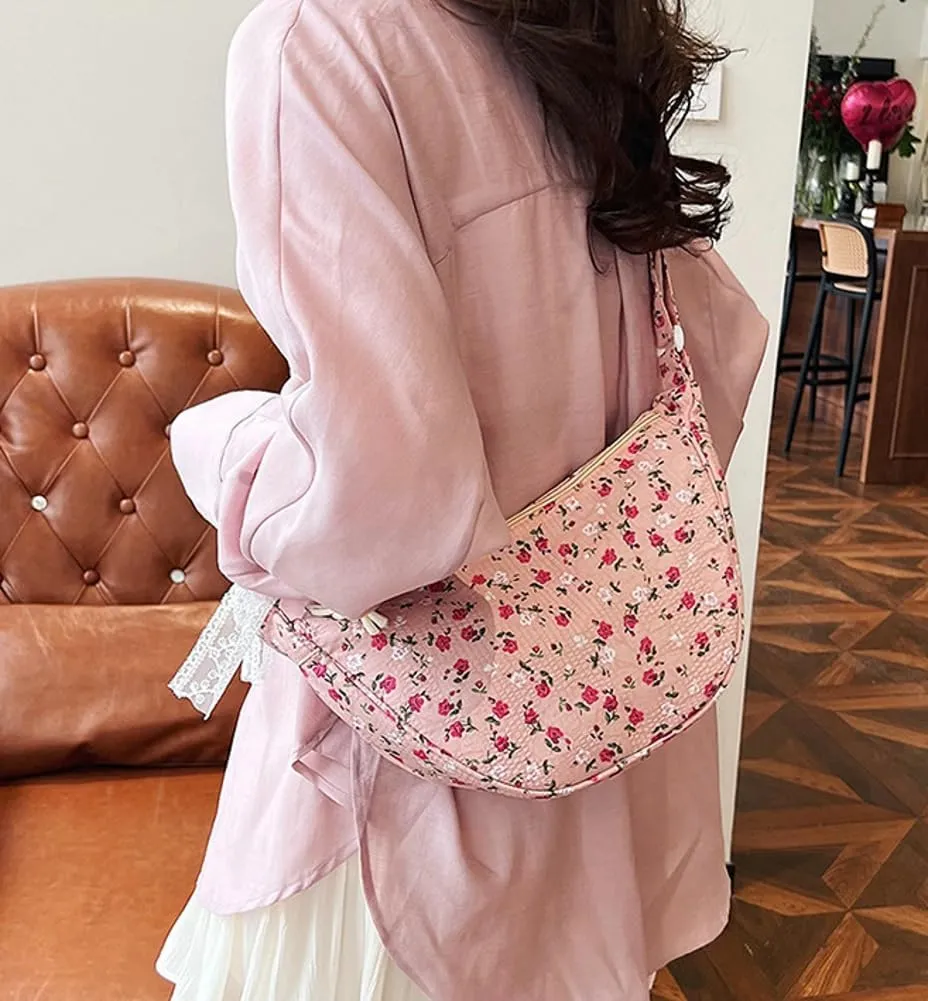 Floral Crossbody Bag for Women Cute Dumpling Shoulder Purse Small Totes Handbag Top Handle Satchel