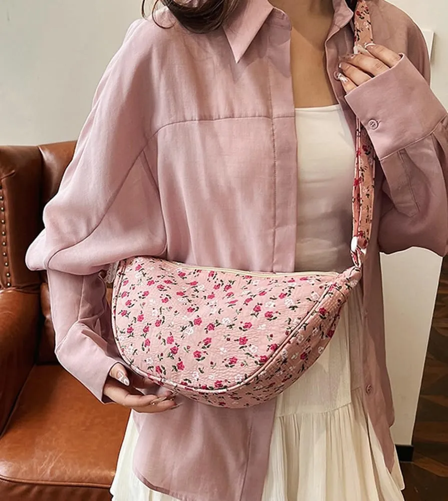 Floral Crossbody Bag for Women Cute Dumpling Shoulder Purse Small Totes Handbag Top Handle Satchel