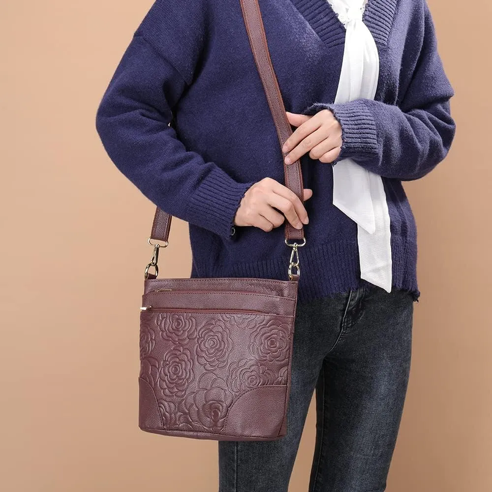 Floral Embossed Women Purse, Leather Crossbody Bag Ladies Designer Triple Pockets Shoulder Handbag Black