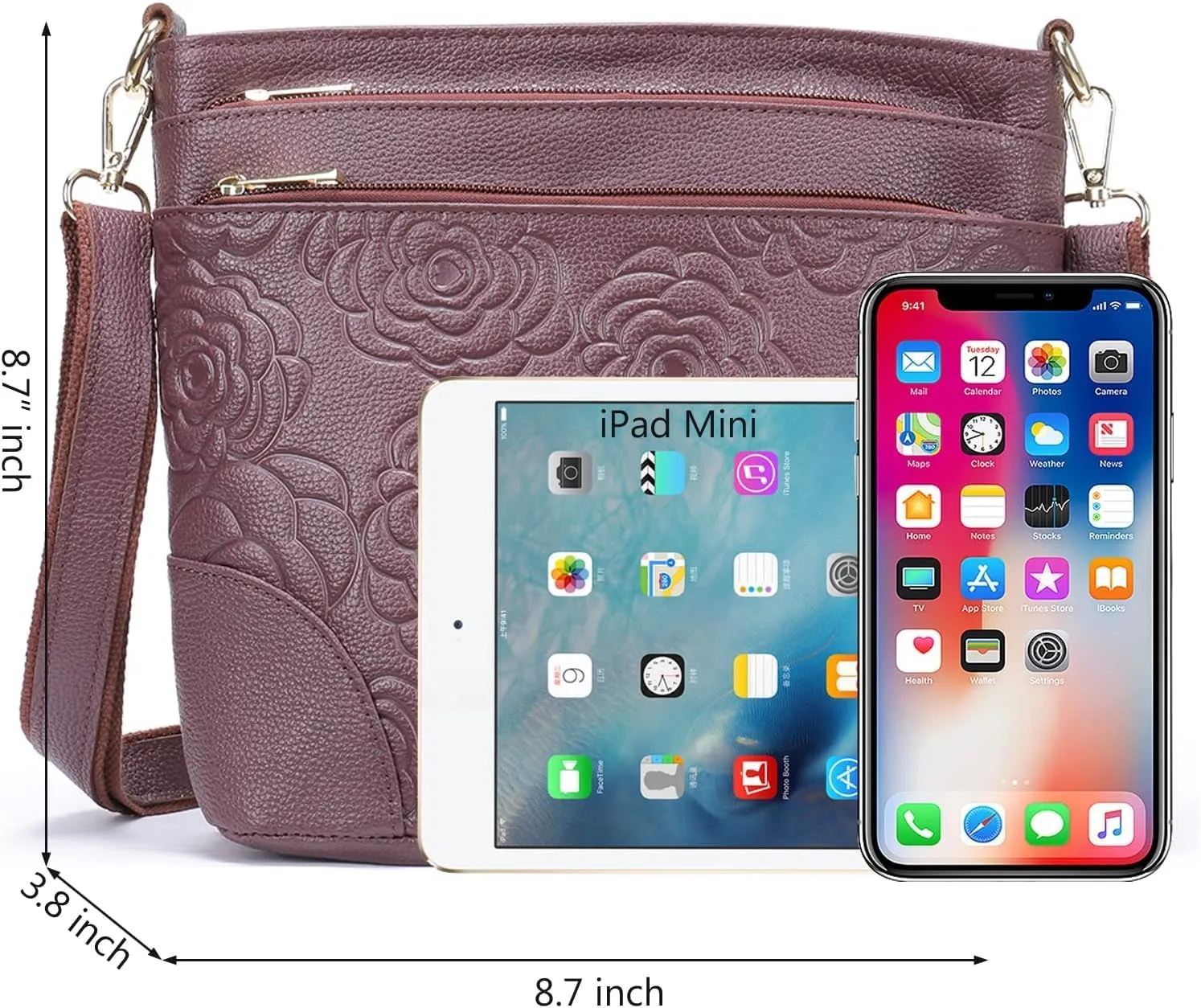 Floral Embossed Women Purse, Leather Crossbody Bag Ladies Designer Triple Pockets Shoulder Handbag Black