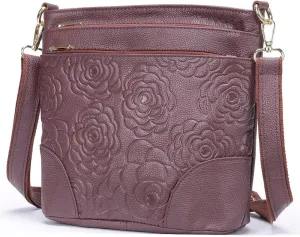 Floral Embossed Women Purse, Leather Crossbody Bag Ladies Designer Triple Pockets Shoulder Handbag Black