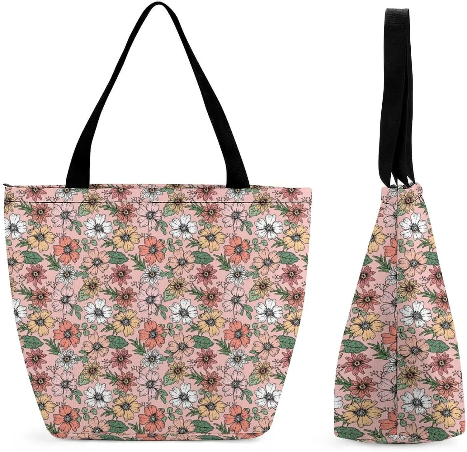 Floral-pattern-peach-tones Women Top Handle Purse Women Large Shoulder Bag with Zipper Handbag for Travel Work Totes