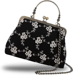 Floral Top-Handle Handbag, Kiss Lock Evening Bag for Women, Vintage Handbag