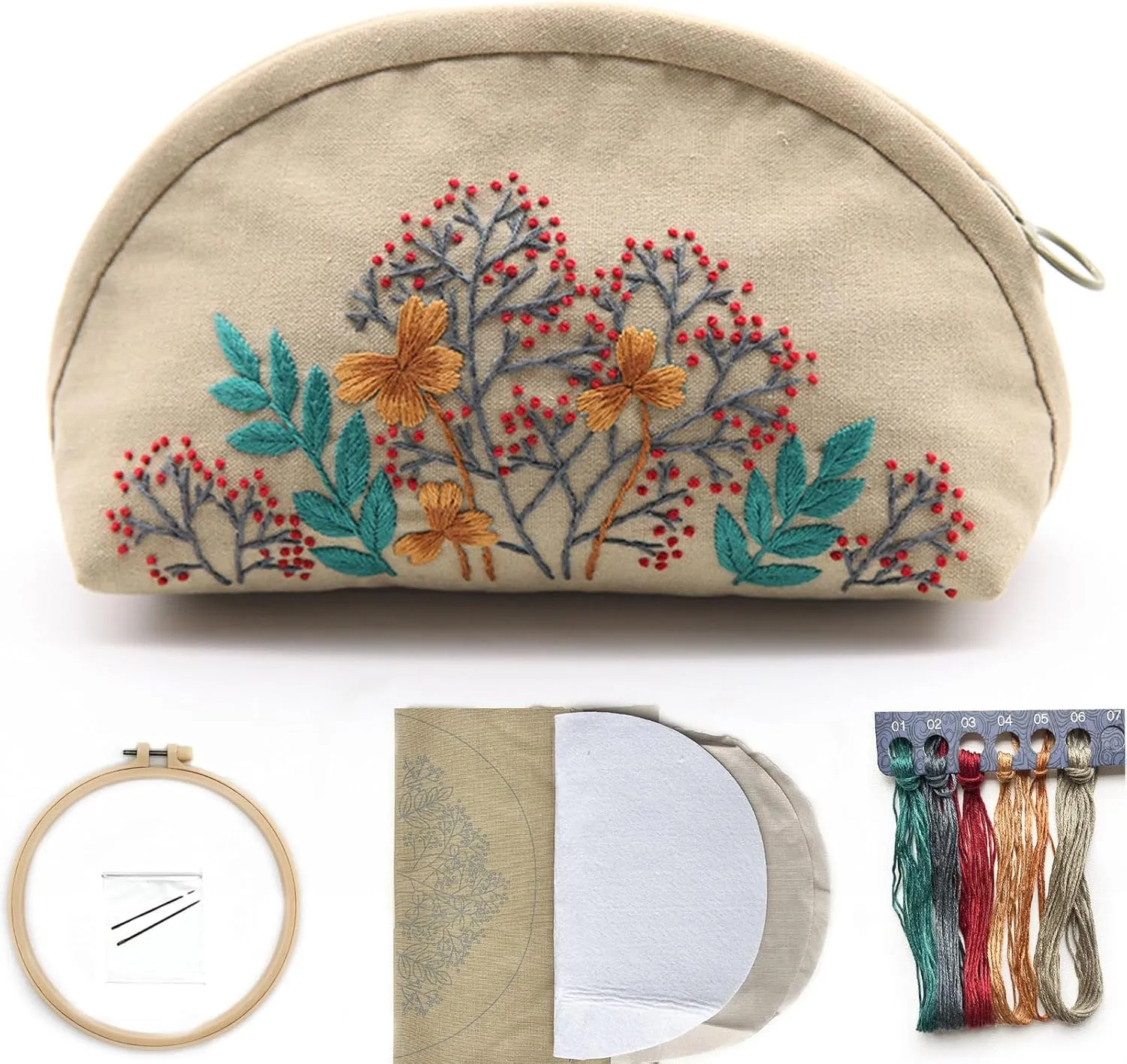 FONNUY Embroidery Kit Makeup Bag for Beginners, Flowers Pre-Stamped Pattern Handbag Coin Purses Making Kits for Adults with Hoop, Easy to Follow Color Thread Needlework (Beige)