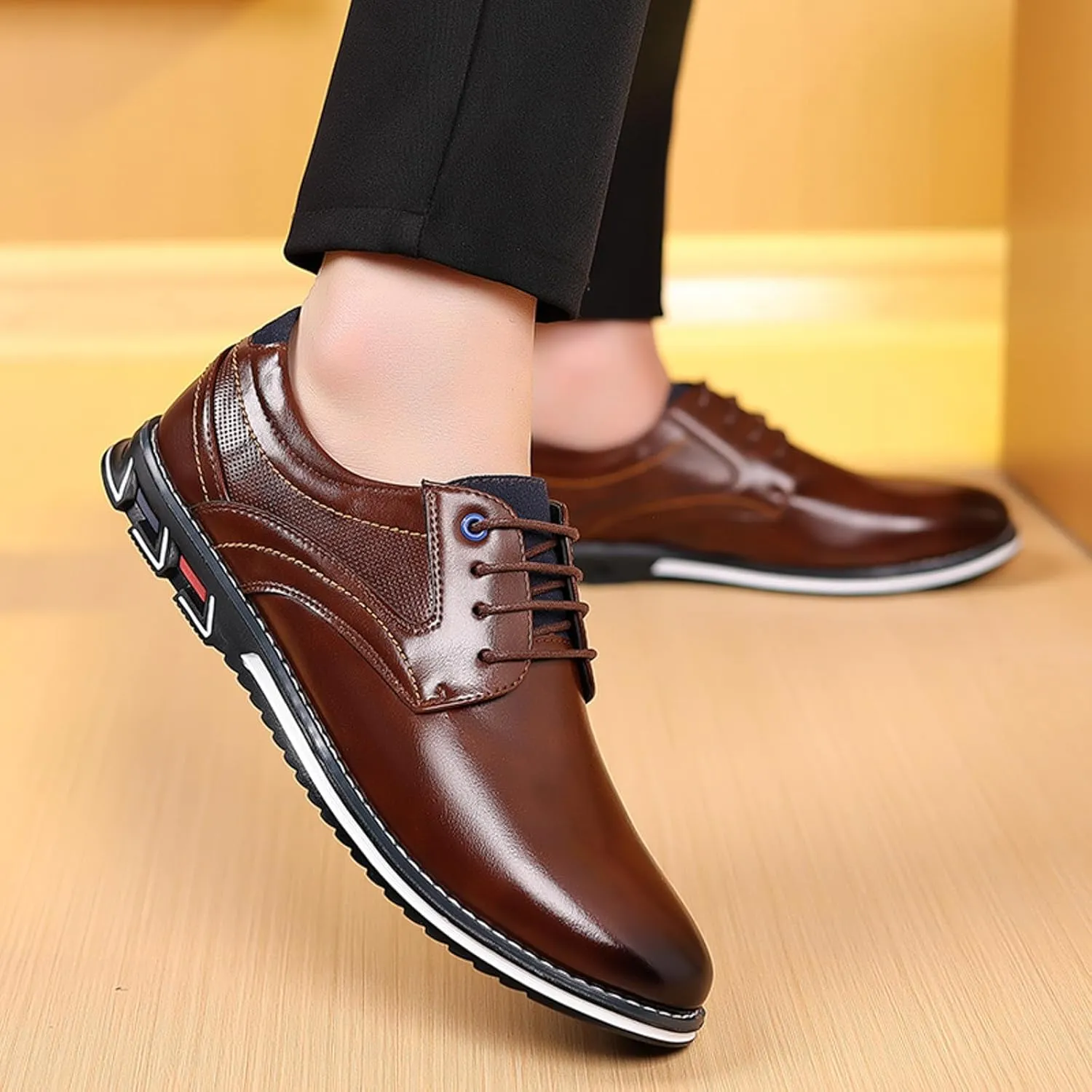 Formal Shoes for Men Brown Loafers Men Leather Shoes Fashionable New Pattern Pointed Flat Bottom Soft Bottom Lace Up Comfortable Large Size Men's Leather Lined Dress Oxfords Shoes