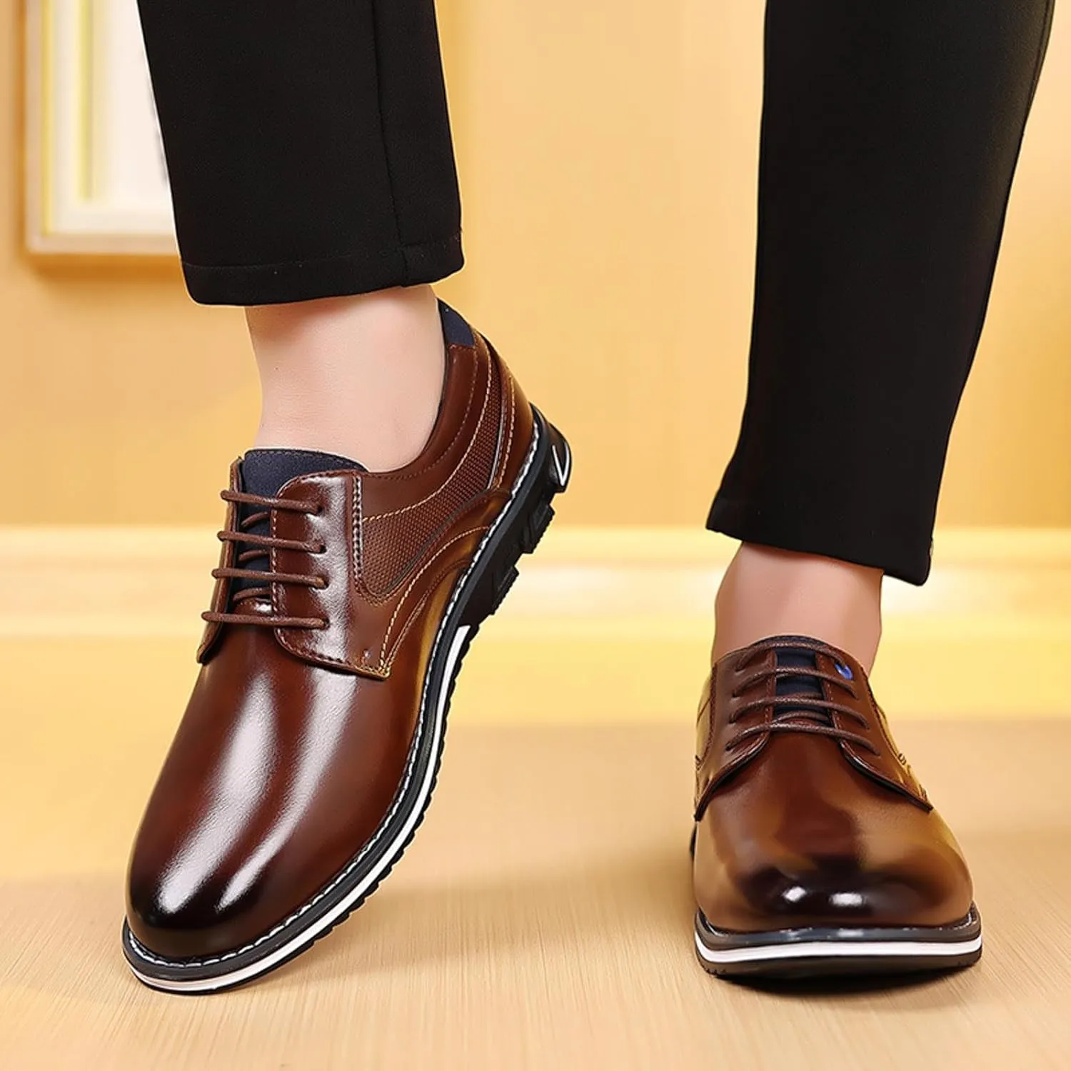 Formal Shoes for Men Brown Loafers Men Leather Shoes Fashionable New Pattern Pointed Flat Bottom Soft Bottom Lace Up Comfortable Large Size Men's Leather Lined Dress Oxfords Shoes