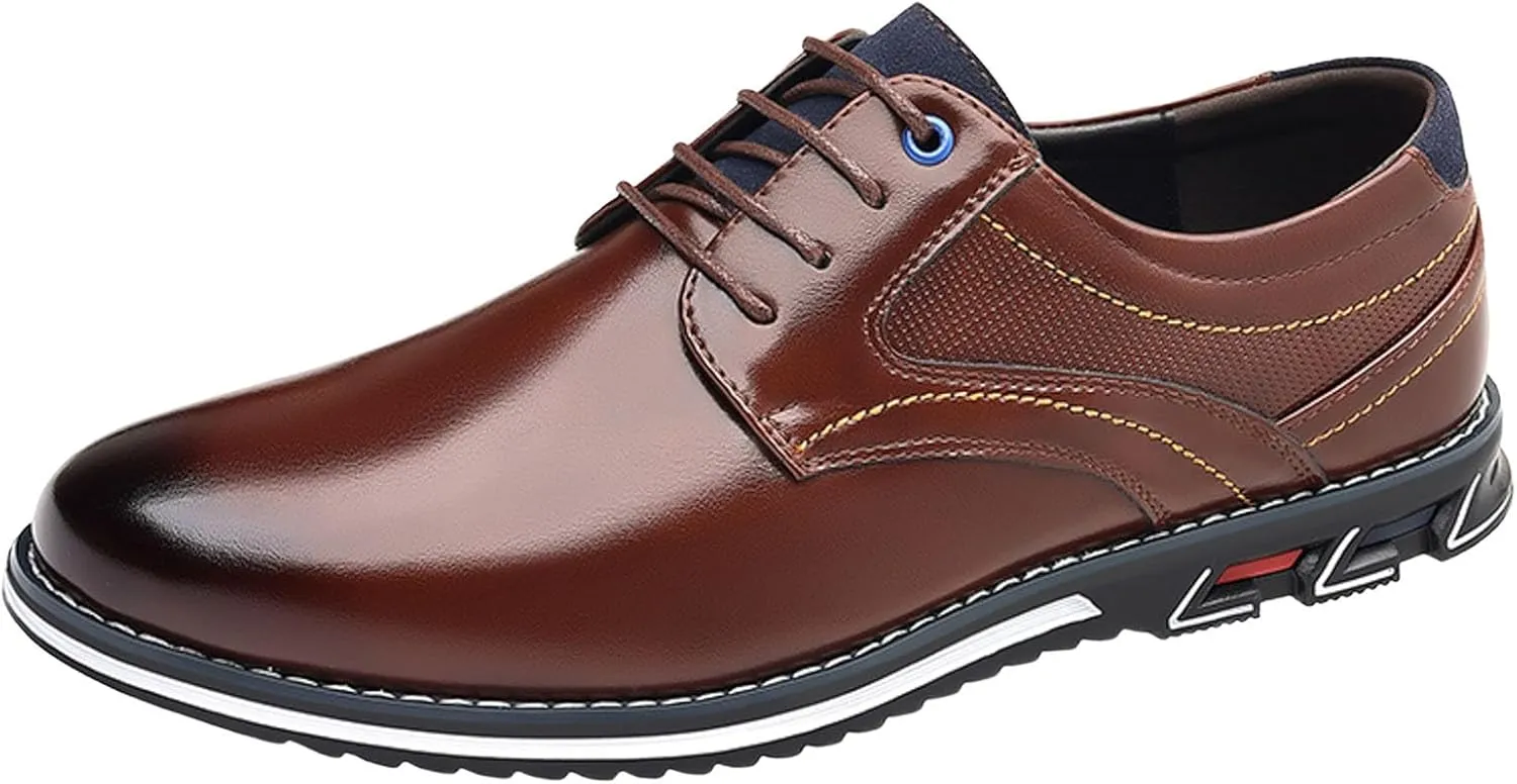 Formal Shoes for Men Brown Loafers Men Leather Shoes Fashionable New Pattern Pointed Flat Bottom Soft Bottom Lace Up Comfortable Large Size Men's Leather Lined Dress Oxfords Shoes