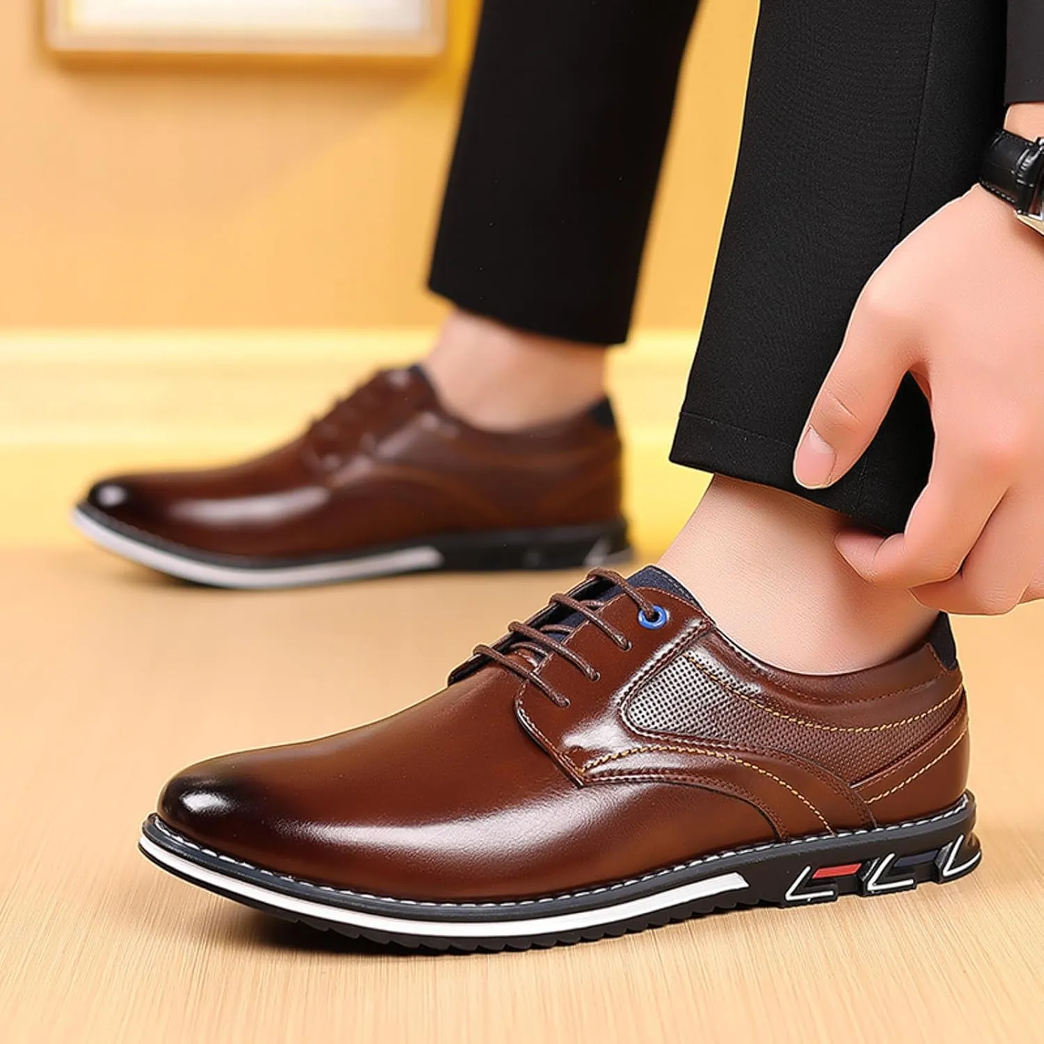 Formal Shoes for Men Brown Loafers Men Leather Shoes Fashionable New Pattern Pointed Flat Bottom Soft Bottom Lace Up Comfortable Large Size Men's Leather Lined Dress Oxfords Shoes