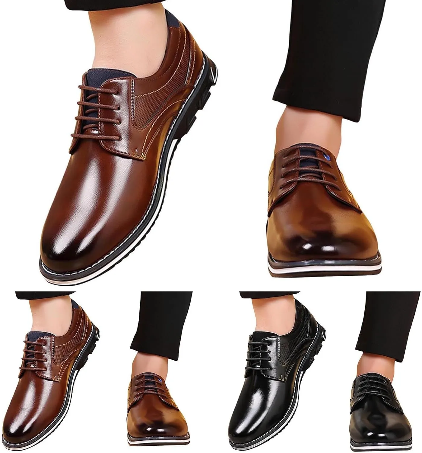 Formal Shoes for Men Brown Loafers Men Leather Shoes Fashionable New Pattern Pointed Flat Bottom Soft Bottom Lace Up Comfortable Large Size Men's Leather Lined Dress Oxfords Shoes