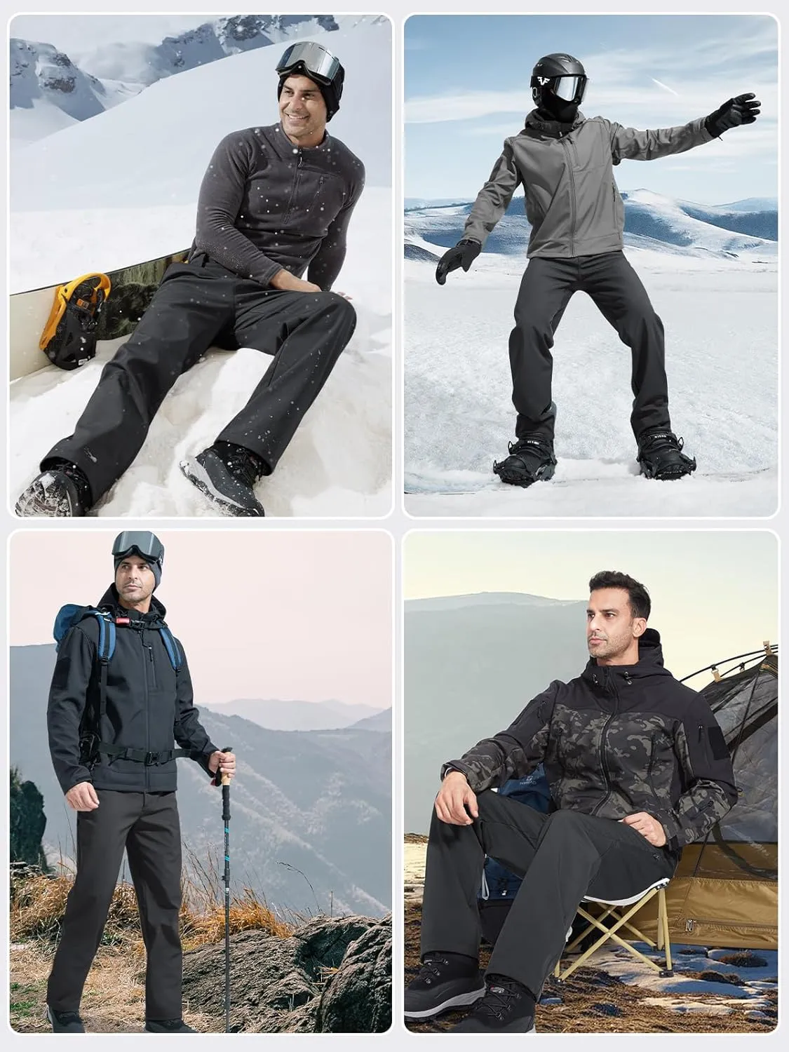 FREE SOLDIER Men's Warm Windproof Winter Fleece Lined Pants Hiking Expandable-Waist Softshell Snow Ski Pants