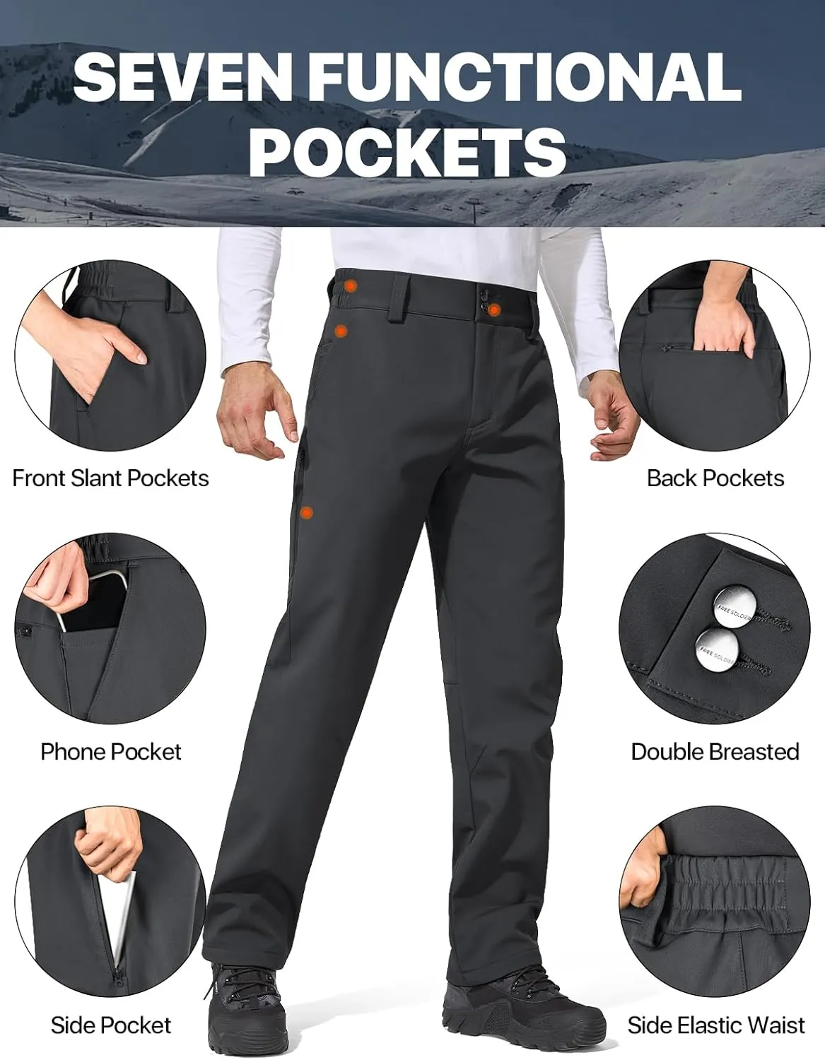 FREE SOLDIER Men's Warm Windproof Winter Fleece Lined Pants Hiking Expandable-Waist Softshell Snow Ski Pants