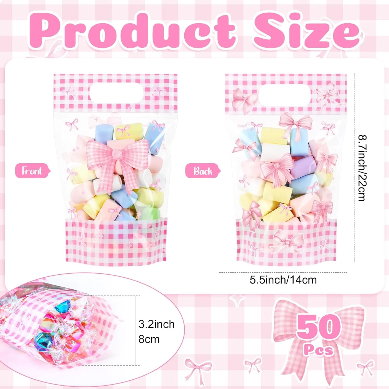 Fuutreo 50 Pcs Pink Bow Pouches Bowknot Clear Sealing Bags with Handles Resealable Bowknot Plastic Bag for Wedding Bridal Shower Pink Theme Birthday Party Candy Gift Wrap Supplies Decor (Bow)