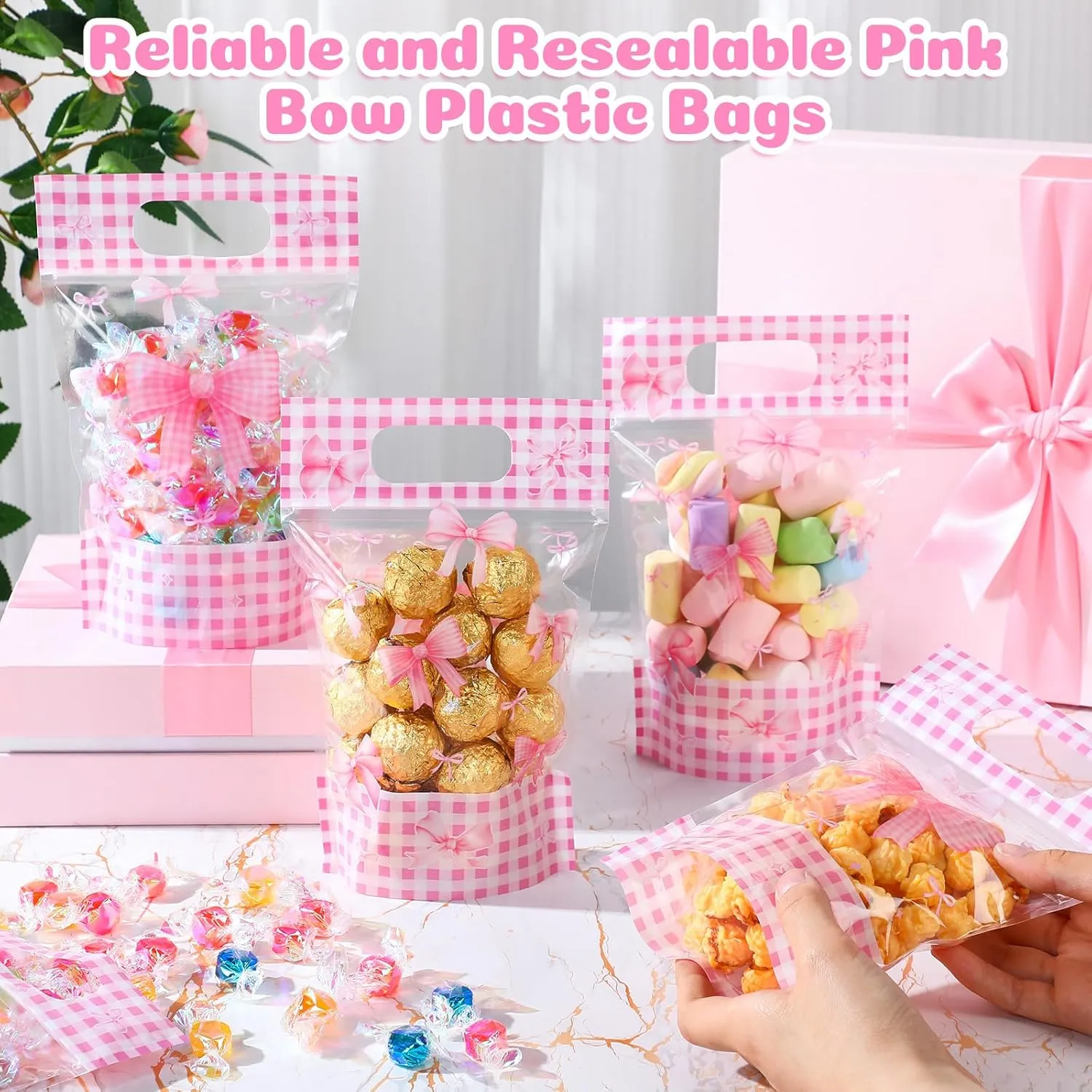 Fuutreo 50 Pcs Pink Bow Pouches Bowknot Clear Sealing Bags with Handles Resealable Bowknot Plastic Bag for Wedding Bridal Shower Pink Theme Birthday Party Candy Gift Wrap Supplies Decor (Bow)