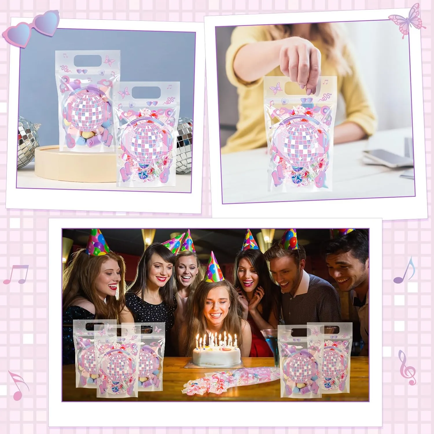 Fuutreo 50 Pcs Popular Music Bags Singer Clear Sealing Pouches with Handles Resealable Disco Ball Plastic Bag for Musical Lover Theme Birthday Party Candy Gift Wrap Supplies Decor (Popular)
