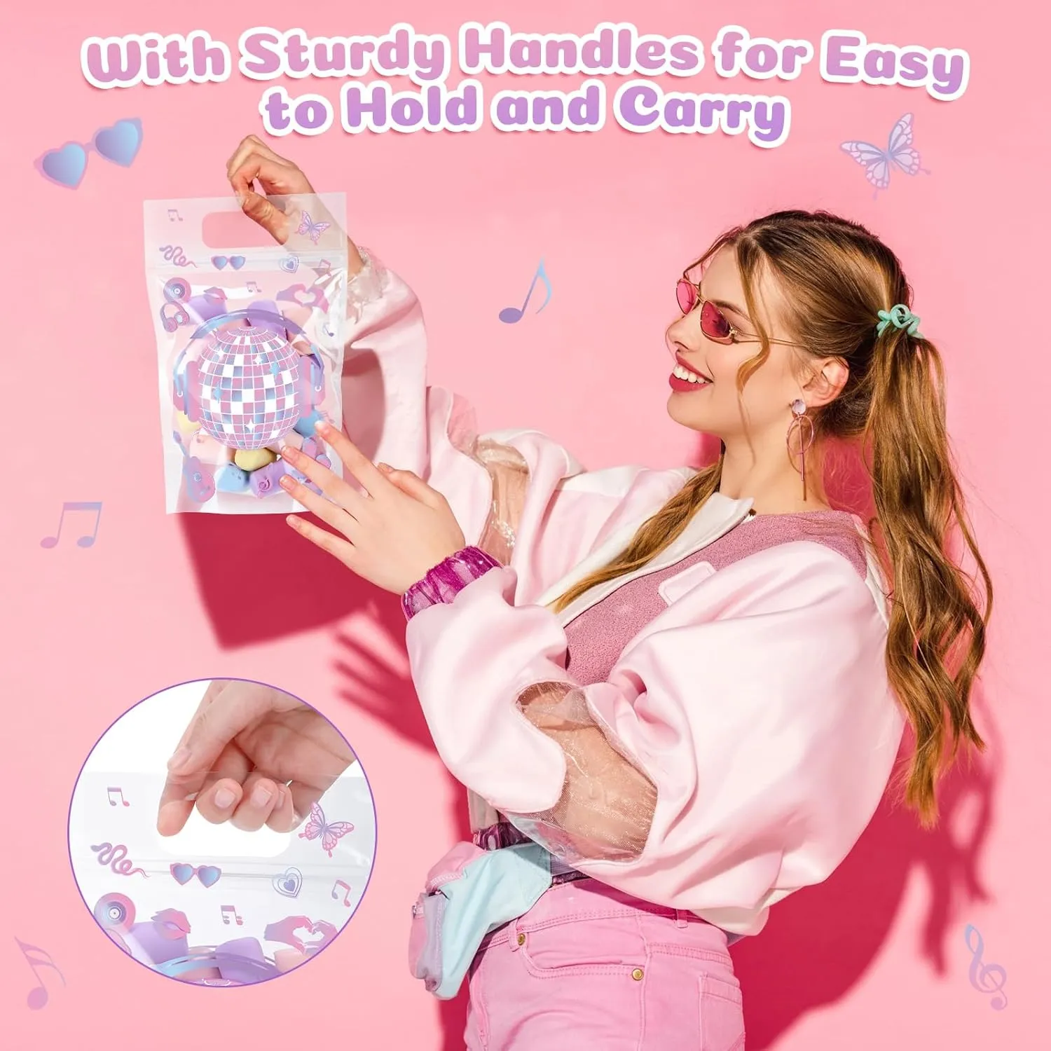 Fuutreo 50 Pcs Popular Music Bags Singer Clear Sealing Pouches with Handles Resealable Disco Ball Plastic Bag for Musical Lover Theme Birthday Party Candy Gift Wrap Supplies Decor (Popular)