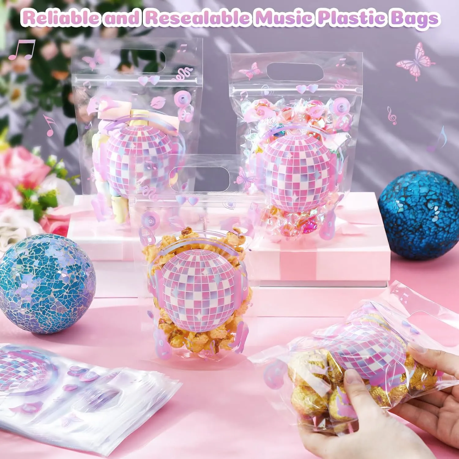 Fuutreo 50 Pcs Popular Music Bags Singer Clear Sealing Pouches with Handles Resealable Disco Ball Plastic Bag for Musical Lover Theme Birthday Party Candy Gift Wrap Supplies Decor (Popular)