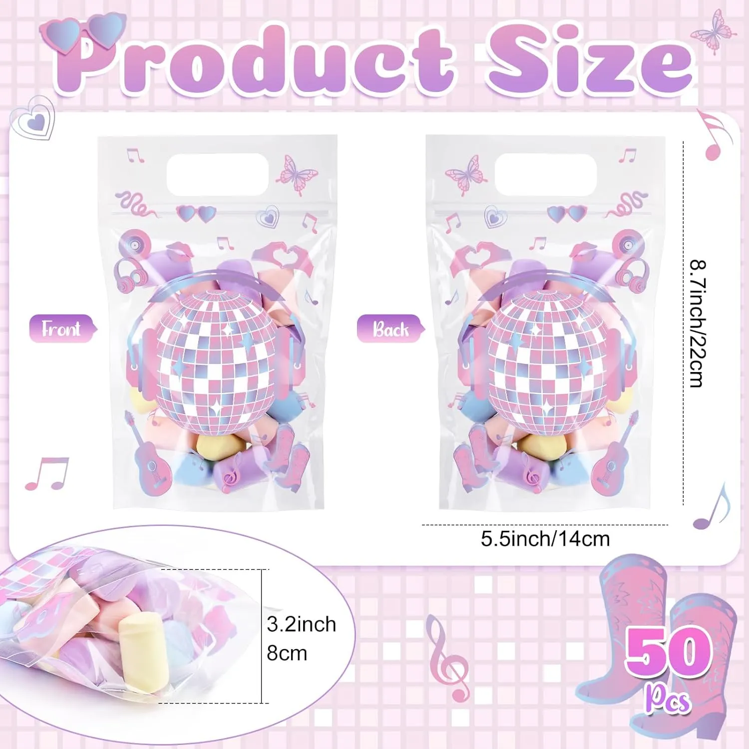 Fuutreo 50 Pcs Popular Music Bags Singer Clear Sealing Pouches with Handles Resealable Disco Ball Plastic Bag for Musical Lover Theme Birthday Party Candy Gift Wrap Supplies Decor (Popular)