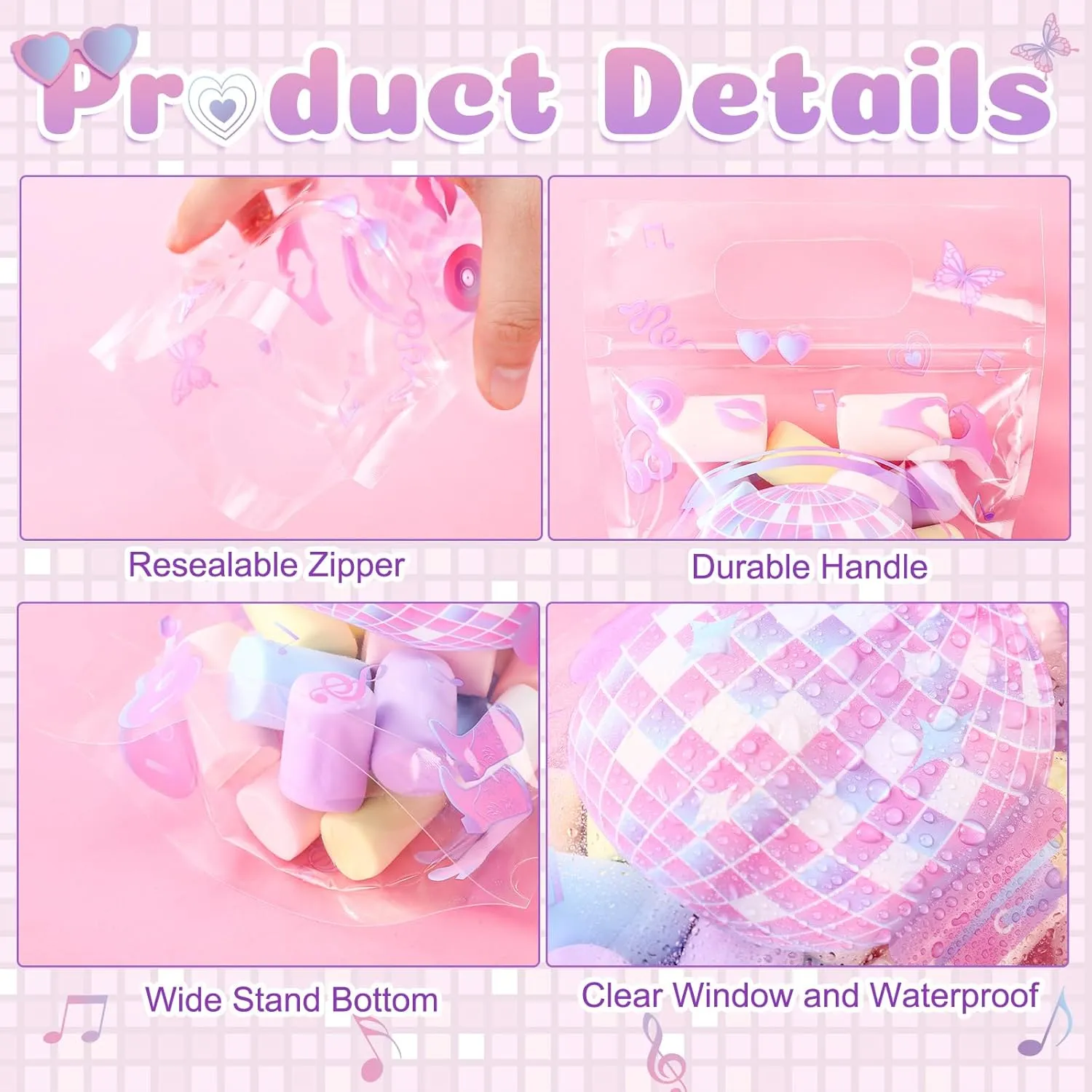 Fuutreo 50 Pcs Popular Music Bags Singer Clear Sealing Pouches with Handles Resealable Disco Ball Plastic Bag for Musical Lover Theme Birthday Party Candy Gift Wrap Supplies Decor (Popular)