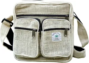 Fwosi Hemp Crossbody Messenger Bag - Unisex Plain School Tote Lightweight, Bohemian Shoulder Sling Bags 4 Compartments, Zipper Closure, Adjustable Strap Handmade in Nepal, Natural White