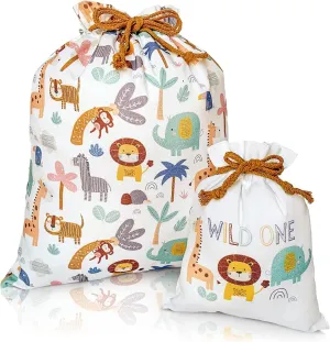 Gather & Knot Drawstring Gift Bags | 20" Large 12" Small | Premium Canvas | Reusable Fabric Wrap for Gender Neutral Baby Shower or Kids Birthday | Jungle Safari Gift Bags