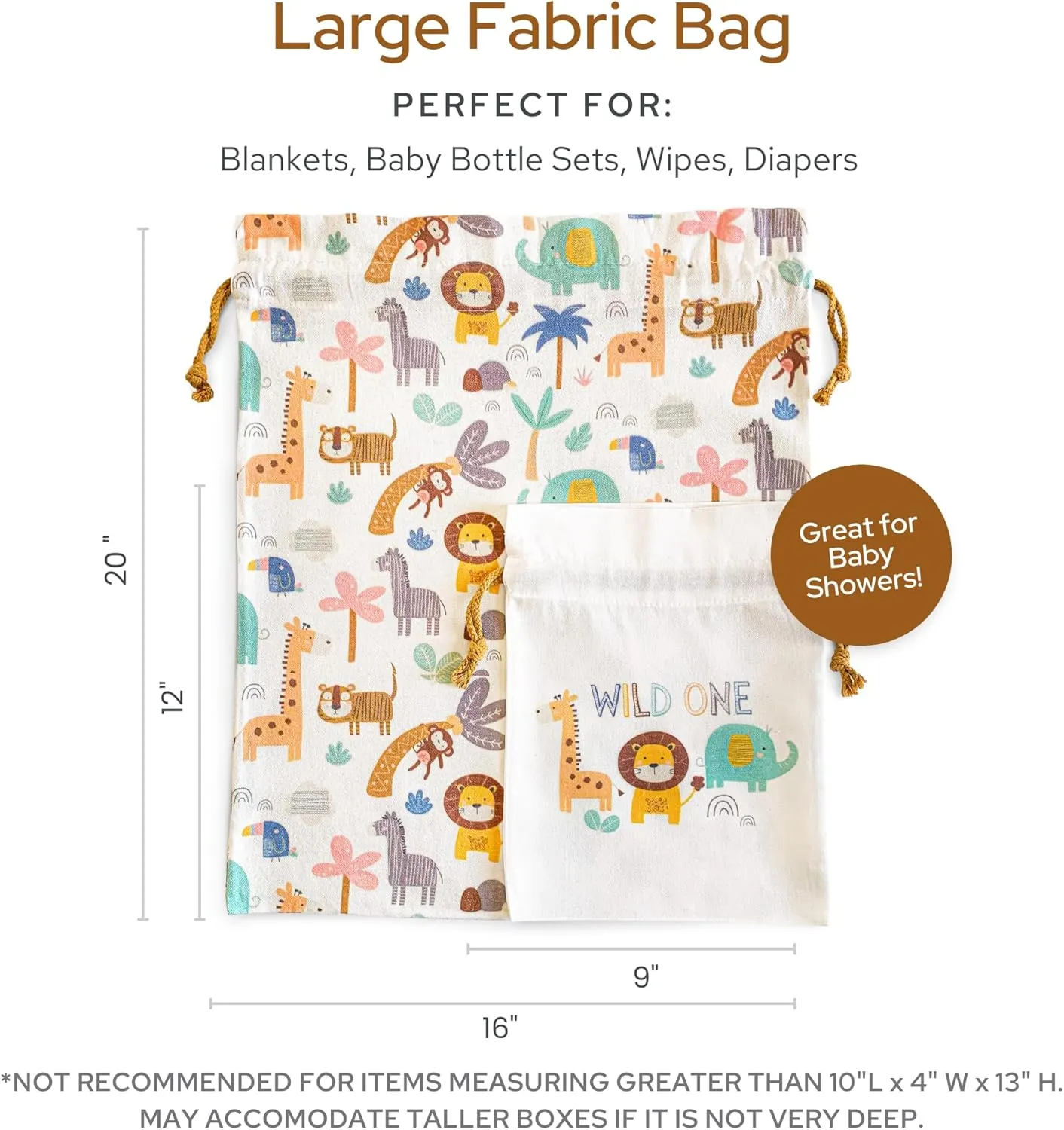 Gather & Knot Drawstring Gift Bags | 20" Large 12" Small | Premium Canvas | Reusable Fabric Wrap for Gender Neutral Baby Shower or Kids Birthday | Jungle Safari Gift Bags