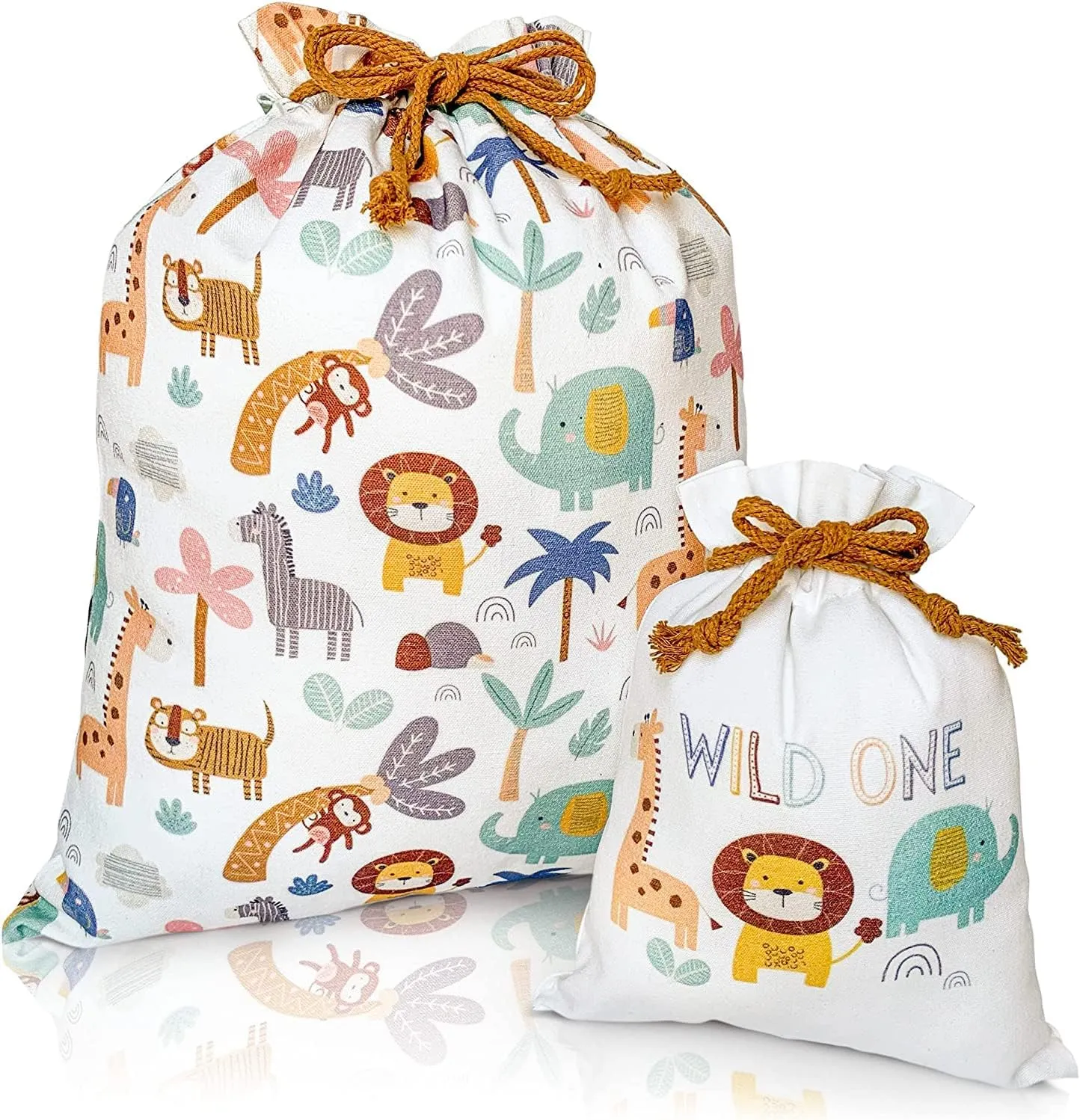 Gather & Knot Drawstring Gift Bags | 20" Large 12" Small | Premium Canvas | Reusable Fabric Wrap for Gender Neutral Baby Shower or Kids Birthday | Jungle Safari Gift Bags