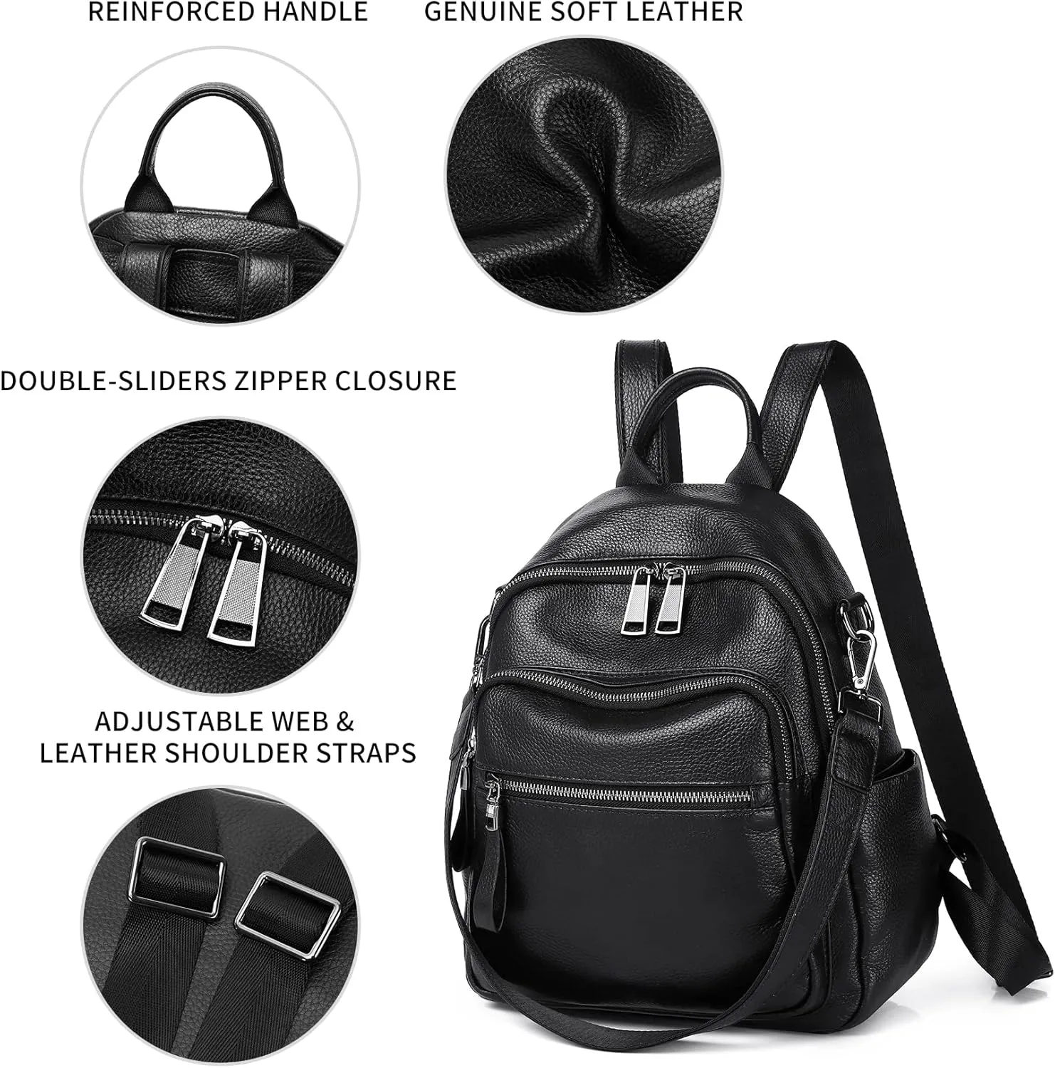 Genuine Leather Backpack Purse For Women Black Real Soft Leather Fashion Designer Convertible Ladies Shoulder Bag