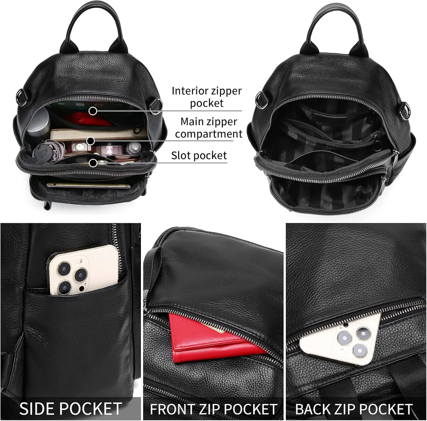 Genuine Leather Backpack Purse For Women Black Real Soft Leather Fashion Designer Convertible Ladies Shoulder Bag