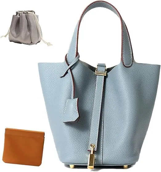 Genuine Leather Bucket Bag Vegetable Basket for Women, Stylish Lock Design Shoulder Handbag, Fashion Tote Bag
